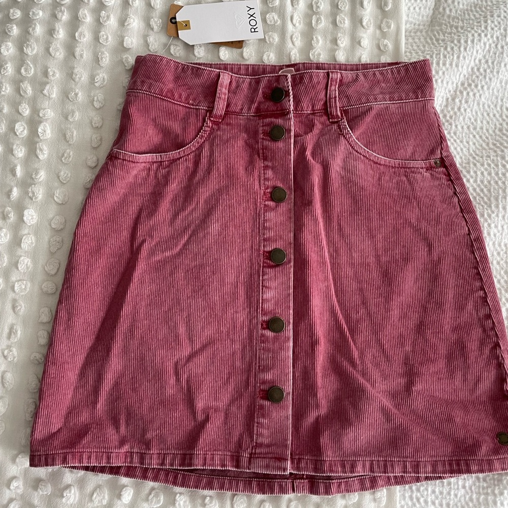 Pink, corduroy, button down skirt